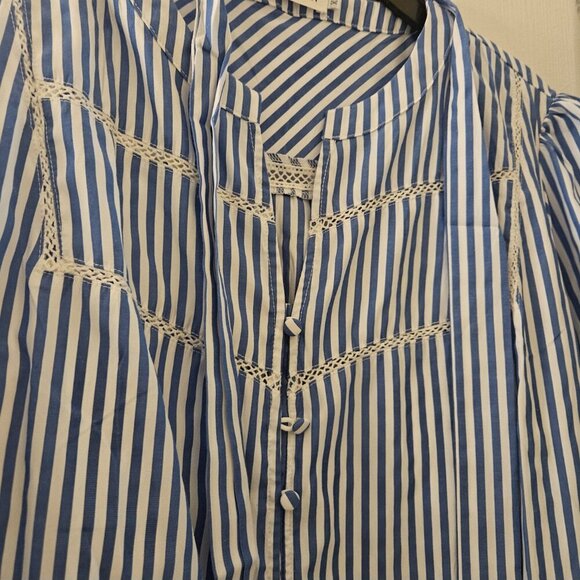 Boho Cottagecore NWT blue stripe midi Peasant Coastal dress embroider pocket XL - Picture 7 of 13